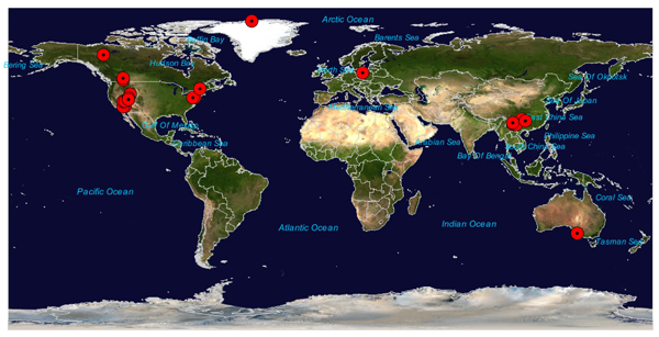 "A map of the world that shows over 50 individual Cambrian locations "