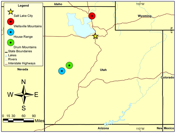 "Utah with marks showing the sites of Burgess Shale preservation"